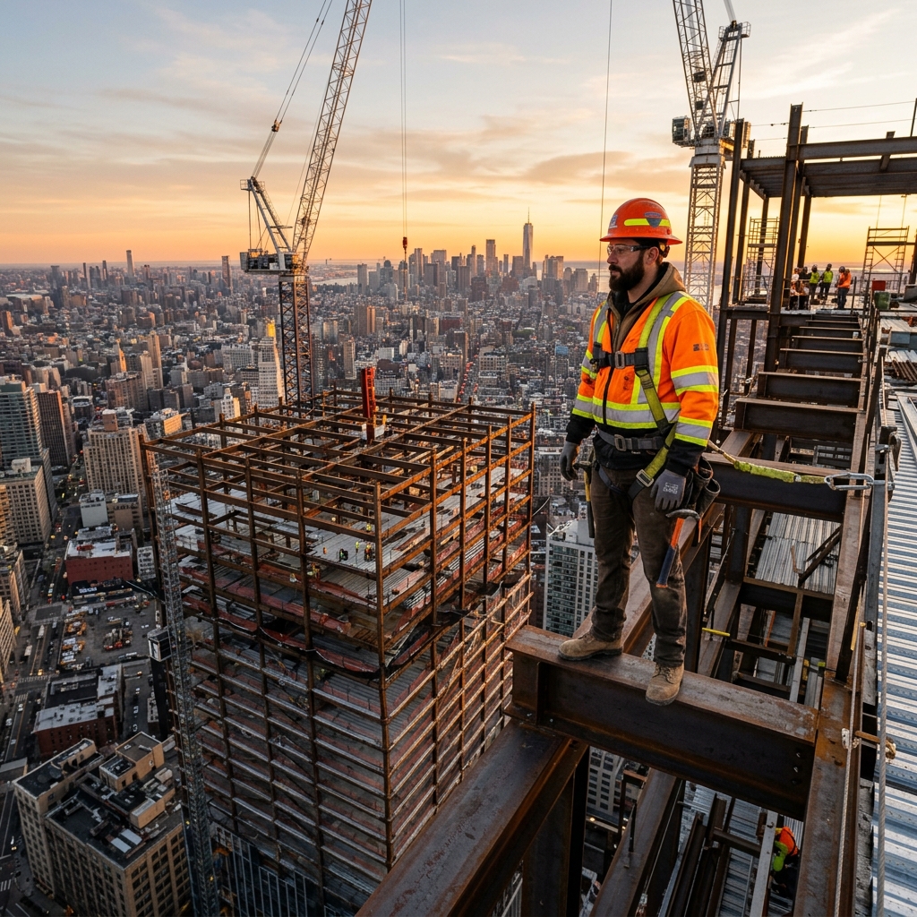 Professional construction worker with orange hard hat on top of a steel building frame